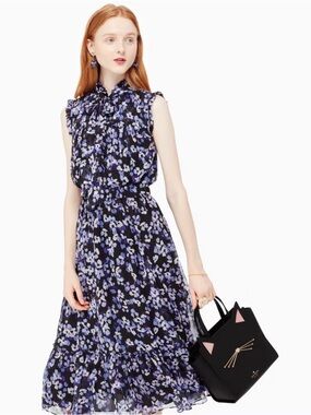 kate spade Black & Lavender Floral Ruffled Silk Midi Dress xs